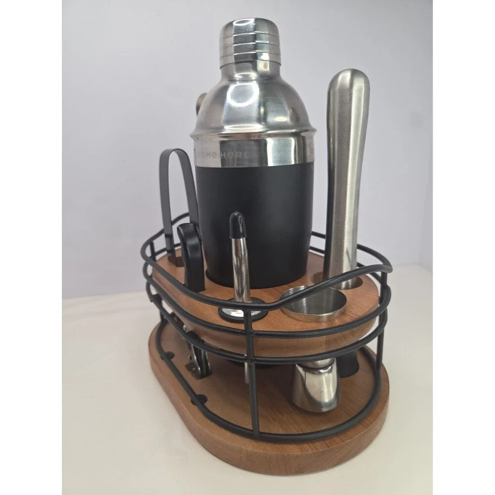 Home Hero Bartender Kit 10-Piece Cocktail Shaker Liquor Cabinet Set Wood Stand